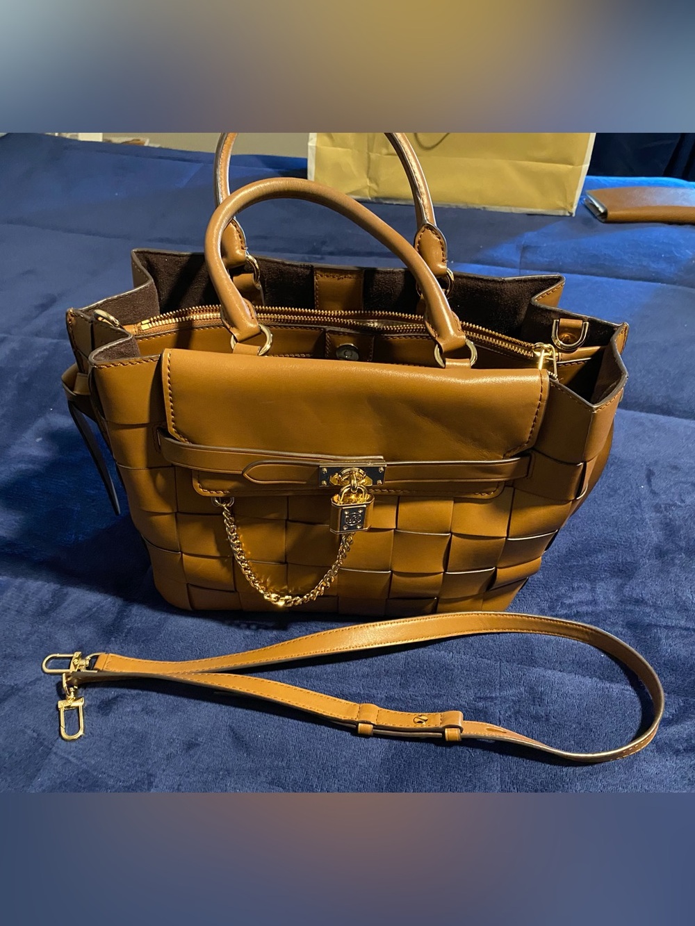 Michael Kors Leather Woven Satchel Handbag - Mustard Brown.